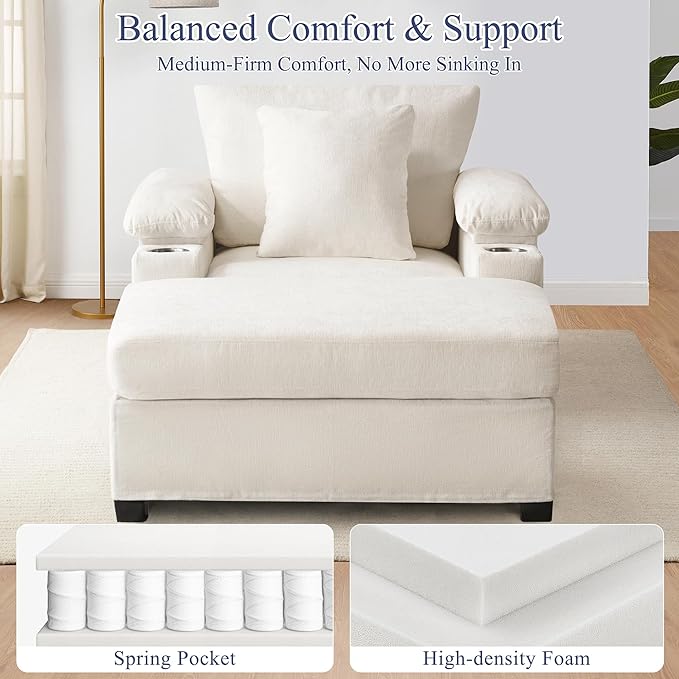 SUNWAVE 58" Chaise Lounge Chair with Ottoman, Chenille Fabric Sofa Bed, Accent Chair with Cupholders & USB Charging Ports for Living Room, Bedroom, Apartment (1 Chaise Ivory)