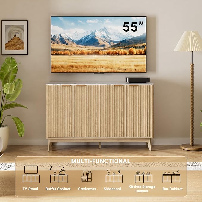 Sideboard Cabinet, 55'' Buffet Cabinet with Faux Marble Top & Adjustable Shelf, Modern Fluted Storage Cabinet, Accent Credenza Sideboard for Kitchen, Living Room, Entryway