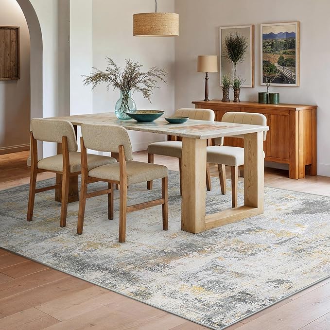 AMADA HOMEFURNISHING 5x7 Area Rugs for Living Room, Modern Abstract Washable Rug Neutral Soft with Non-Slip Backing & Low Pile Kids Rug for Resistant, Bedroom, Nursery Home Office, Beige