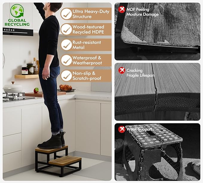 Two Step Stool for Adults Kids, Bed Step Foot Stool with Adjustable Non-Slip Feet, Portable Sturdy Metal Frame Stepping for Kitchen Bathroom Bedroom Living Room, Indoor or Outdoor Use, Rustic Brown