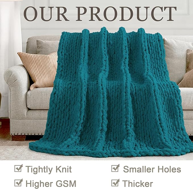 Chunky Knit Throw Blanket 50"X 60", 100% Handmade with Soft Chenille Yarn, 4.4lbs Thick Cable Knitted Blankets, Large Rope Knot Crochet Throws for Couch Sofa Bed Home Decor, Teal