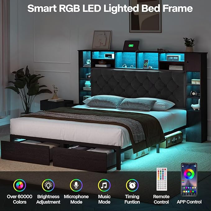 Full Size Bed Frame with Bookcase Headboard and Storage Drawers, 51.2" Metal Platform Full Bed Frame with Charging Station and LED Lights, Velvet Upholstered Tufted Bed Frames, Black
