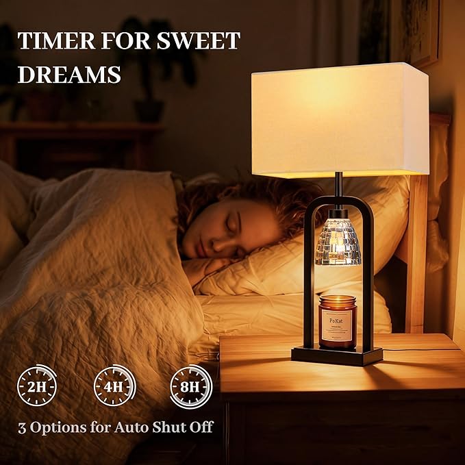 PoKat Table Lamps with Candle Warmer for Bedroom, Farmhouse Bedside Lamps Set of 2 for Night Stands, 21.5'' Bedroom Lamps Decor for Living Room, Bathroom, Dinning, Bulbs Included, Matte Black