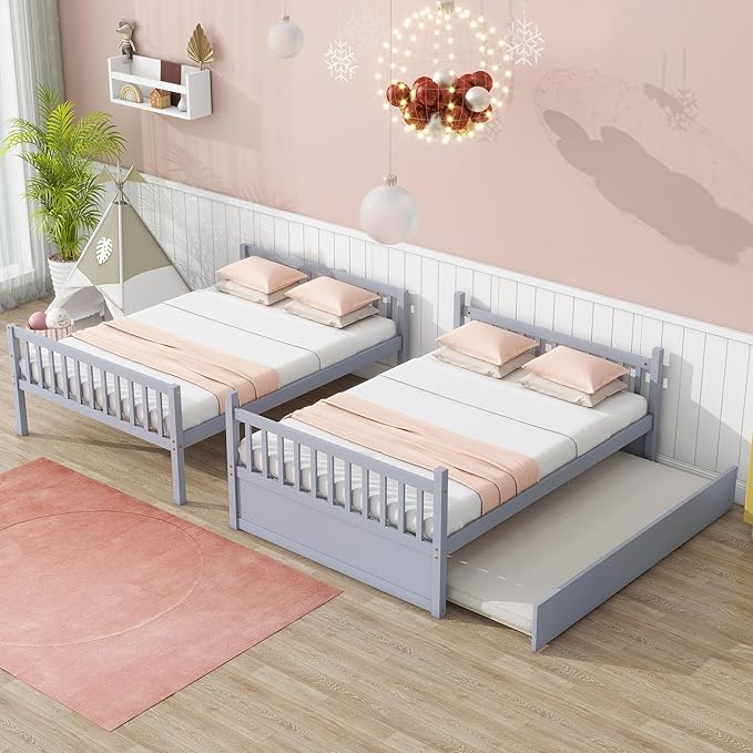 Bellemave Full Over Full Bunk Bed with Trundle,Convertible Bunk Beds with Ladder & Safety Guardrails,Full Size Trundle Bunk Beds for Kids Girls Boys,Light Grey