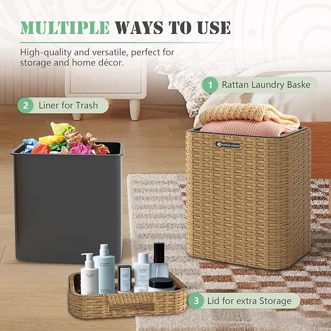 Ypati Rattan Trash Can with Lid, Wicker Bathroom Garbage Bin with Removeable Liner, 4 Gallon Small Waste Basket for Home, Outdoor Patio, Dorm, Office, Boho Decor, with Trash Bags, Tan Yellow, Eureka