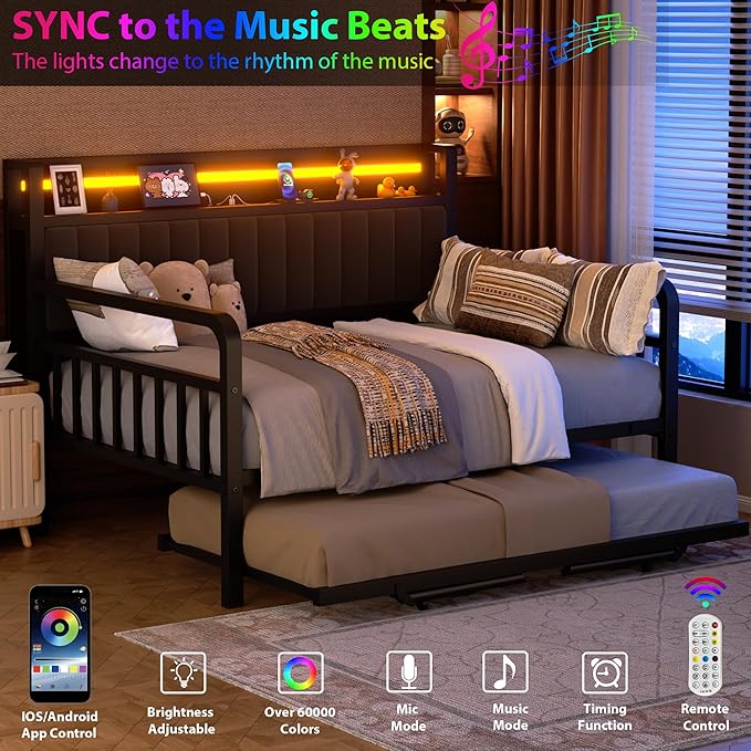 Daybed with Trundle and LED Light, Heavy Duty Metal Full Bed Frame with Upholstered Storage Headboard & Charging Station, Day Bed Pop Up Trundle Bed for Living Room,Bedroom and Guest Room, Black