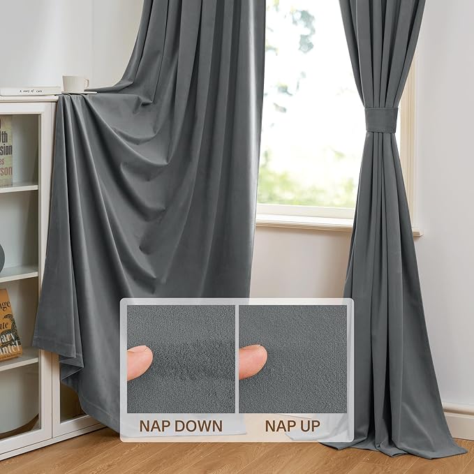 StangH Grey Velvet Curtains 96 inches Long Room Darkening Window Drapes for Living/Dining Room, Solid Rod Pocket Panels for French Door/Cottage, W52 x L96, 2 Panels