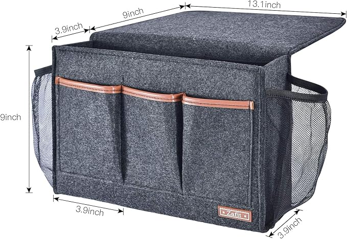 Bedside Caddy, Large Size Storage Organizer with 8 Pockets - Holds Magazines, Remotes, Phone (13.4'' x 18.1'', Dark Grey)