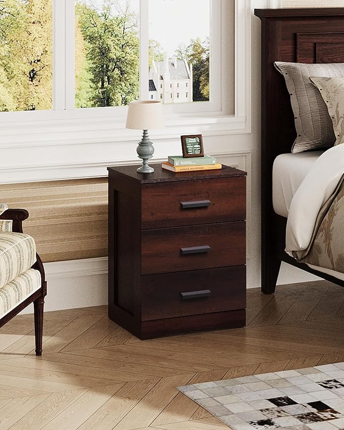 WLIVE Night Stand, Wood Nightstand with 3 Drawers, Bed Side Table for Bedroom, Living Room, Dorm, Modern Minimalist Bedside Table, Espresso