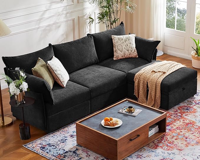ABCASA 102.6" Modular Sectional Sofa, L Shaped Couch Set for Living Room, 3-Seater Comfy Cloud Couches with Movable Storage Ottoman,DIY Combination - Chenille Black