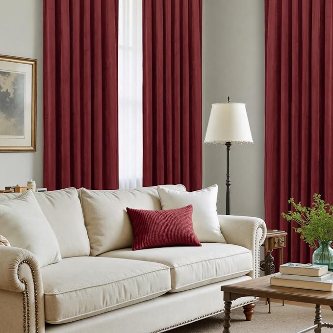 LAMIT Burgundy Red Velvet Curtains 120 Inch for Living Room, Vintage Thermal Blackout Panels Room Darkening Back Tab and Rod Pocket Christmas Decor Drapes for Bedroom/Theater, 2 Panels, 52 x 120 Inch
