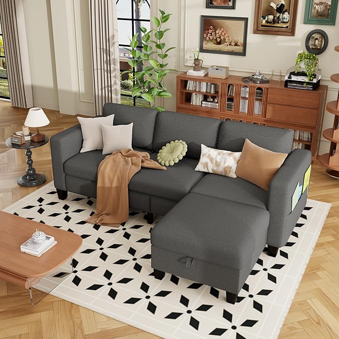 ZeeFu Sectional and Sofa Couches for Living Room - 78'' 3 Seater L-Shaped Modular Couch with Storage Ottoman - Modern Linen Fabric Upholstered Sofa Set for Small Space Apartment Office