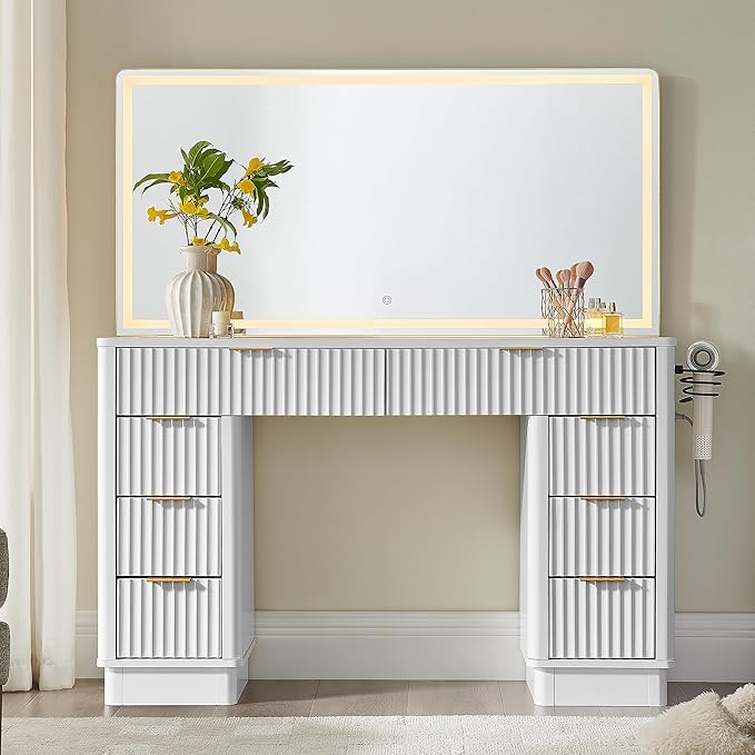 T4TREAM 48" Fluted Makeup Vanity Desk with Large Led Lighted Mirror, Modern Vanity Table with 8 Drawers & Charging Station, Glass Top Dressing Table for Bedroom, White