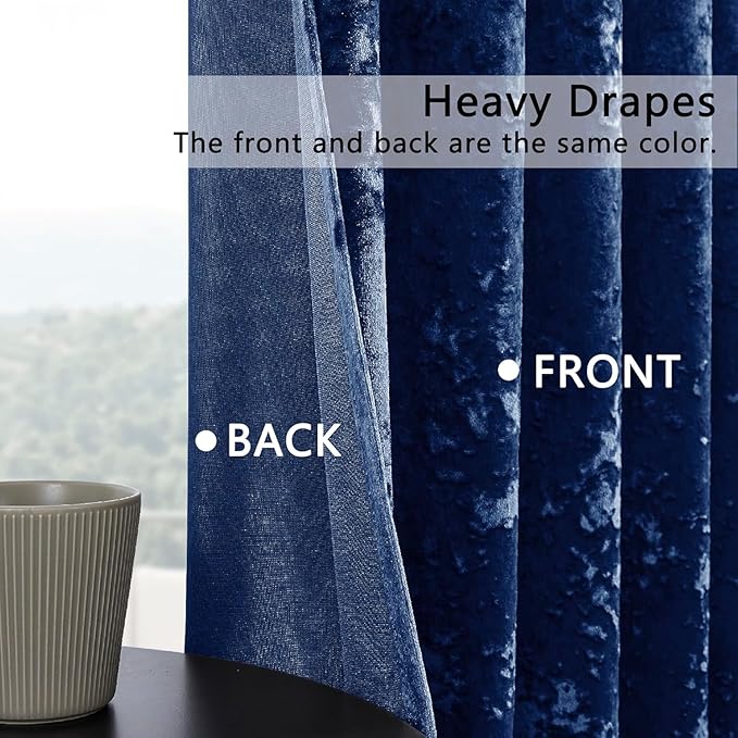 SMILETIME Navy Blue Crushed Velvet Curtains 52x84 inch Luxurious Thermal Insulated Soundproof Drapes for Living Room Bedroom Office Soft and Durable Light-Filtering Window Treatments, 2 Panels