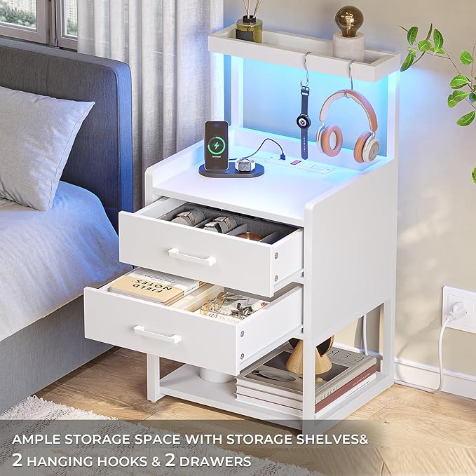 VIAGDO Nightstand with Charging Station and LED Lights, White Bedside Night Stands with 2 Drawers and Open Storage Shelves, Modern End Side Tables for Bedroom, Office