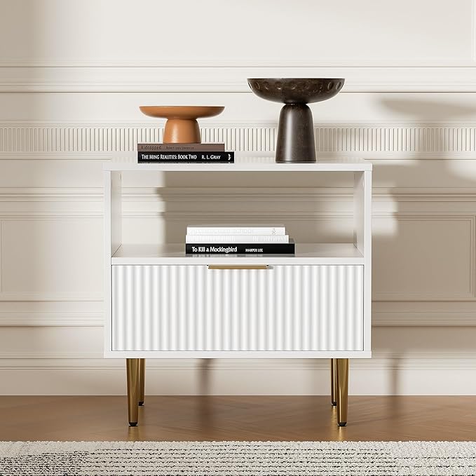White Nightstand with Drawer, End Table with Storage, Bed Side Table with Open Space for Bedroom, Modern Nightstand with Golden Handle, Side Night Stand for Bedroom, Living Room, White