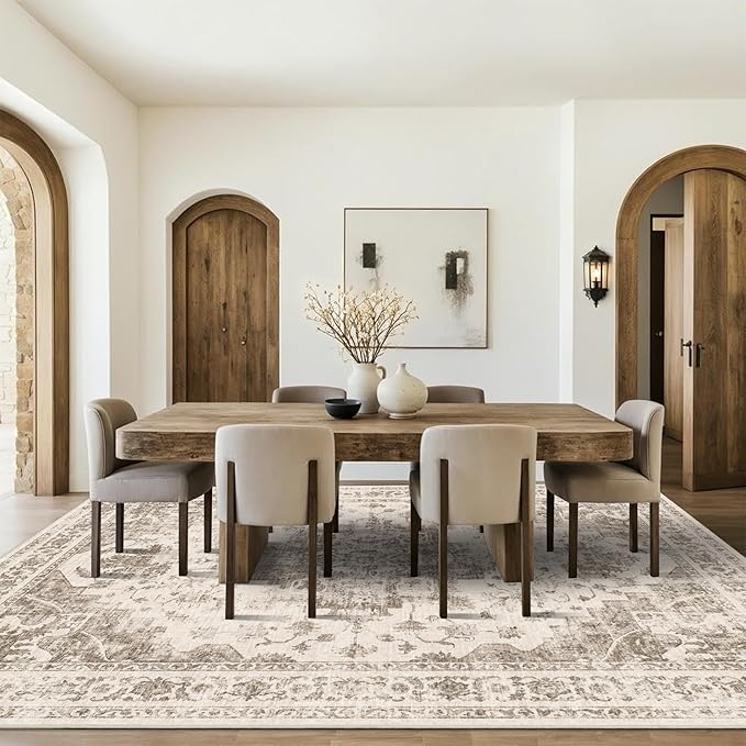 9x12 Vintage Washable Area Rugs Boho Medallion Large Distressed Retro Accent Carpet Floral Non-Slip Soft Low Pile Indoor Throw Rug for Living Room Bedroom Dining Room Office Kitchen, Taupe