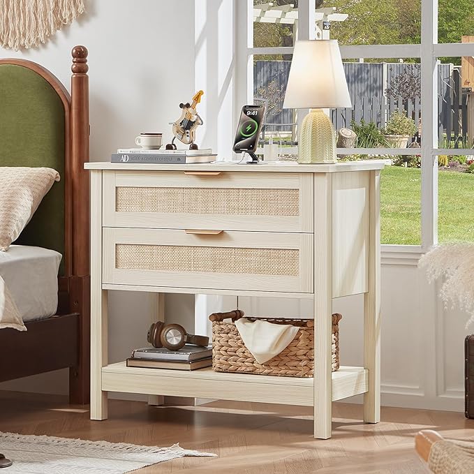 LEYAOYAO 31.5" Wide Rattan Night Stand with Charger Station, Oversized Large Boho Nightstand with 2 Drawer, Grey White Bed Side End Tables, Tall Bedside Table for Bedroom Living Room, Hallway