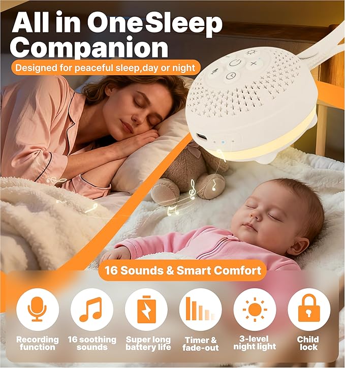 White Noise Sound Machine with Voice Recording & 16 Soothing Sounds +3 Night Lights, Portable and Rechargeable Design & 3 Auto-Off Timers – Perfect for Baby/Adults/Sleeping/Travel