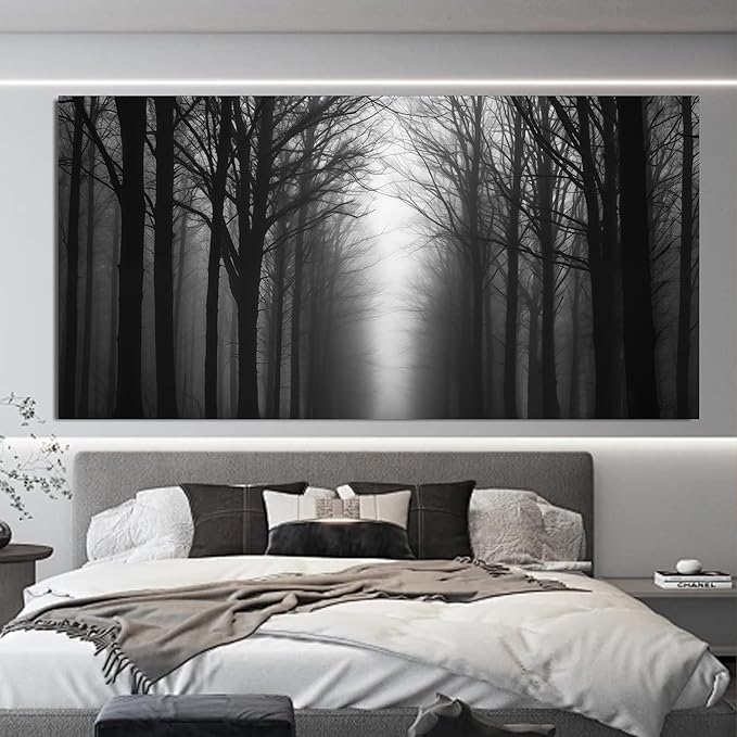 Trogonup Misty Forest Canvas Wall Art Black and Grey Tree Landscape Canvas Print Large Artwork for Living Room Bedroom Office Dining Room 29"x58"