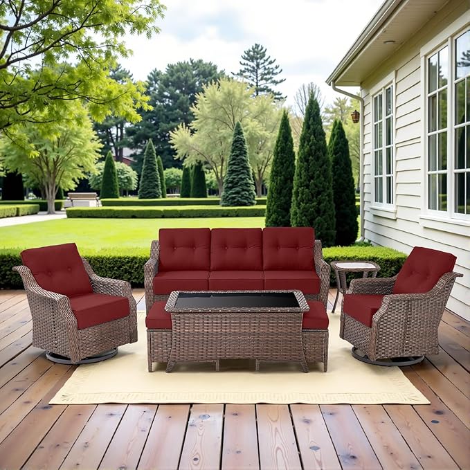 Belord 7 Piece Patio Furniture Set - High Back Swivel Rocker Glider Outdoor Chairs with 3-Seat Sofa and Ottoman, All-Weather Removable 6" Red Cushion for Patio Conversation and Family Reunion