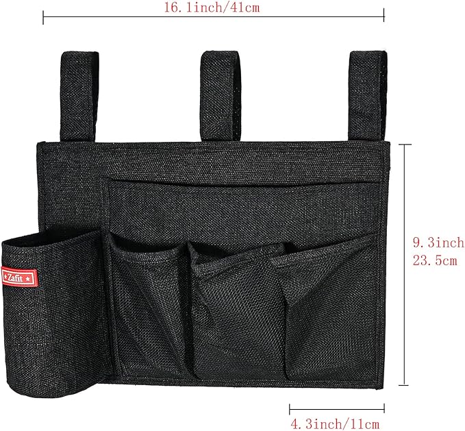 Zafit Linen Bedside Caddy, Bedside Storage Organizer for Hospital Beds, College Dorm Rooms or Baby Bed (5 Pockets-Black)