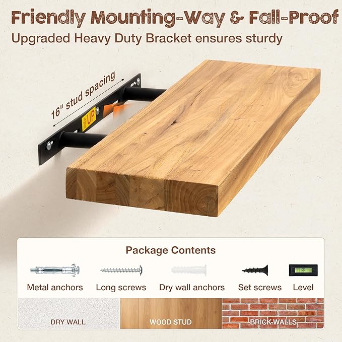 fuqing Floating Shelves for Wall, 72 inch Rustic Solid Elm Wood Floating Shelves, Wooden Wall Shelves with Invisible Heavy Duty Brackets for Living Room, Bedroom, Kitchen, Bathroom, 1 Pack, Natural