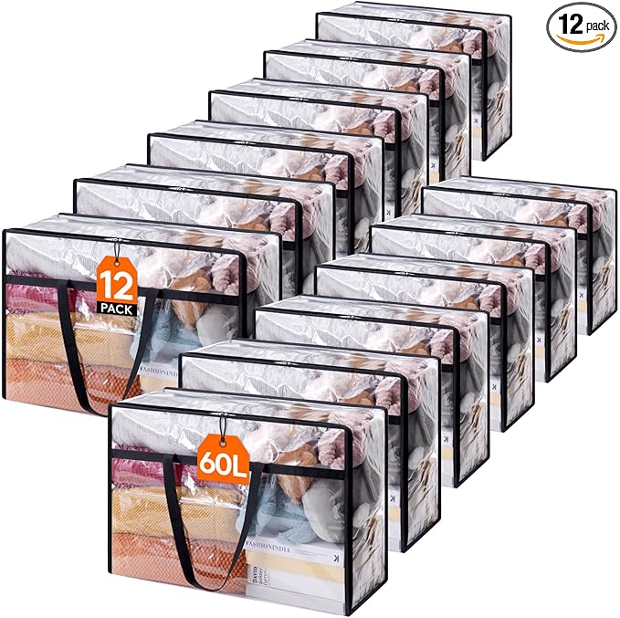 Lifewit 12 Pack Clear Clothes Storage Bags, 60L Plastic Blanket Storage Bag, Vinyl Foldable Moving Bags with Zipper, Closet Organizers and Storage Containers for Bedding, Duvet, Comforter