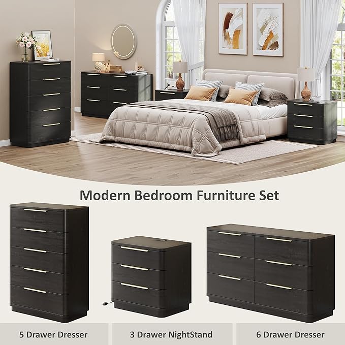 5 Drawer Dresser for Bedroom, 45" Tall Modern Chest of Drawers with Metal Handle, Curved Profile Design, Wooden Closet with Large Drawers Dressers Organizer for Entryway Hallway