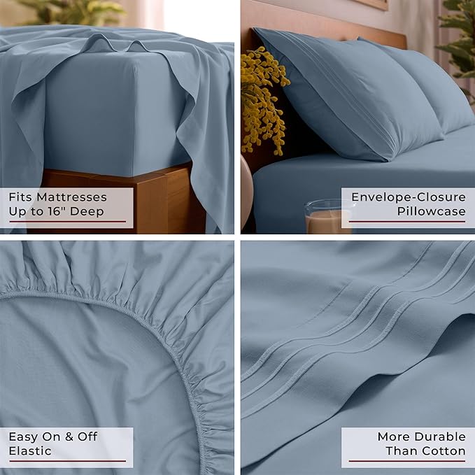 Mellanni King Sheet Set - 6-Piece Iconic Collection Bedding, (Including 4 Pillowcases), 16-Inch Deep Pocket, Easy Care, Extra Soft, Cooling Sheets, Brushed Microfiber - Blue Hydrangea