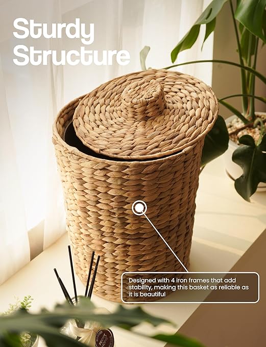Set of 2 Wicker Trash Can with Lid - Water Hyacinth Wicker Waste Basket for Bathroom - Bathroom Garbage Can with a Lid - 2 Gallon & 4 Gallon Decorative Rattan Trash Can with Removable Liner