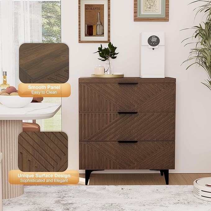 Royal Windsor Fluted Nightstand with 3 Drawers, Side End Table, Accent Storage Cabinet,Modern Night Stand Bedside Table for Bedroom,Brown
