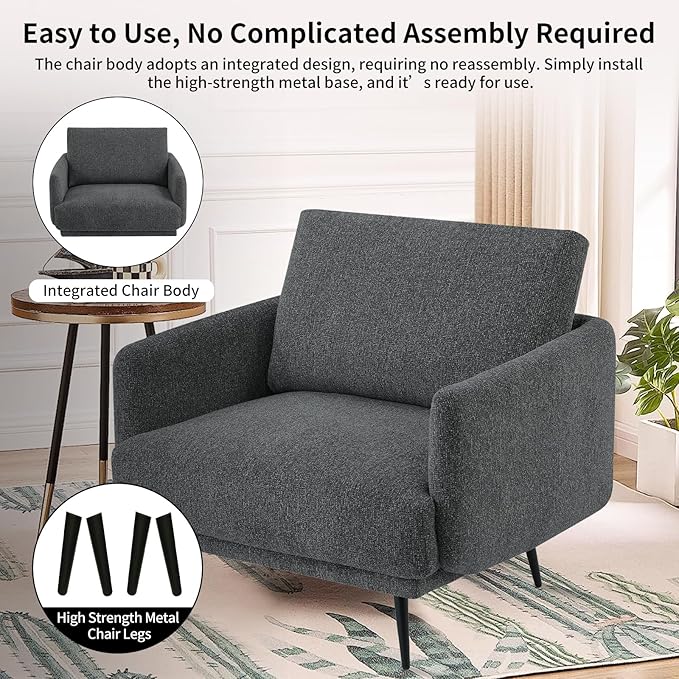 Oversized Accent Chair for Living Room Cozy Reading Chairs Mid-Century Modern Accent Chairs Armchair with Metal Legs Single Sofa Chair for Home Office (Set-of-2, Chenille Fabric- Dark Grey)