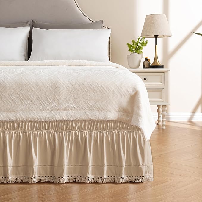 MIYE Wrap Around Ruffled Lace Bed Skirt, Elastic Dust Ruffle with Adjustable Belts, Easy to Put On, Bed Frame Cover, Machine Washable (Tassel Ruffle/Beige, Full/Twin-12.5" Drop)