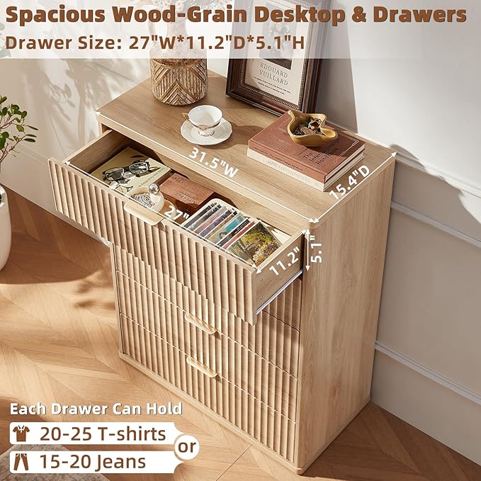 LEYAOYAO Fluted 5 Drawers Dresser Set of 2, 41" Tall Modern Chest of Drawers with Metal Handle, Curved Profile Dresser TV Stand, Wooden Drawer Organizer for Bedroom, Living Room, Hallway, Lightgrey