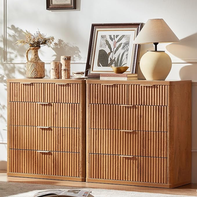 LEYAOYAO Fluted 5 Drawers Dresser for Bedroom, 34" Tall Modern Chest of Drawers with Metal Handle, Curved Profile Design,Brown Wood Drawer Organizer for Bedroom, Living Room, Hallway, Entryway