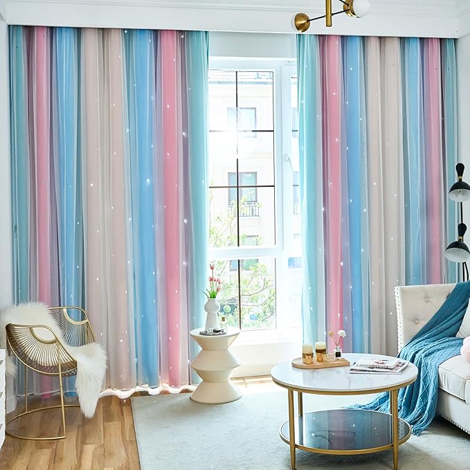 Star Blackout Curtains for Bedroom - Cute Kids Rainbow Curtains, 72 Inch Long 2 Panels, Beige, Blue & Pink