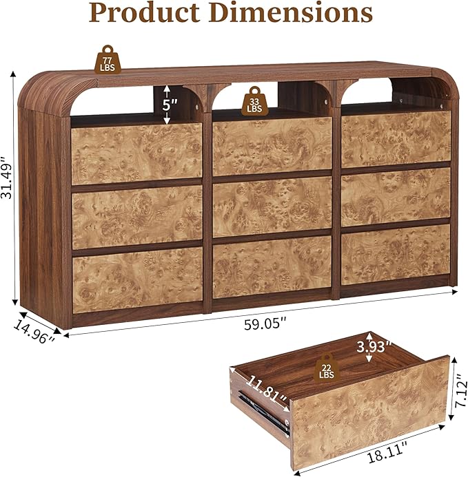 9 Drawer Dresser for Bedroom, Modern Chest of Drawers with Open Shelf, Burl Wood Long Storage Dressers for Closet, Living Room, Hallway (Walnut)