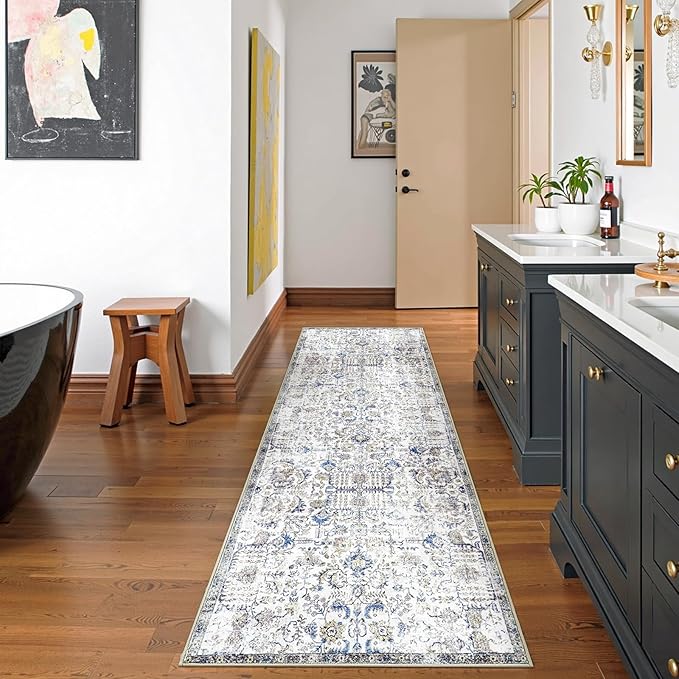 jinchan Kalen Runner Rug 2x10 Washable Hallway Rug Vintage Indoor Thin Retro Floor Cover Floral Country Lightweight Non Slip Carpet for Entryway Bathroom Kitchen Bedroom Living Room Stairway Blue