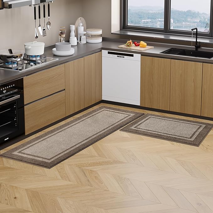 Kitchen Rugs 24" x 70", Non-Slip Machine Washable Kitchen Runner Rugs Floor Mats, Absorbent Comfort Standing Mats for Kitchen, Sink, Laundry and Hallway, Rolled Packaging, Beige & Grayish Brown