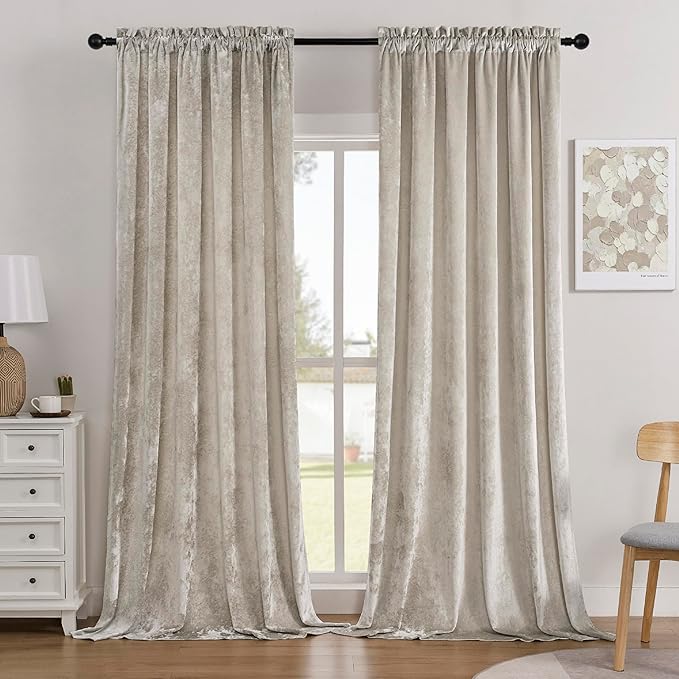 SMILETIME Ivory White Crushed Velvet Curtains 52x96inch Rod Pocket Luxurious Thermal Insulated Soundproof Drapes Soft and Durable Light-Filtering Window Treatments for Living Room Bedroom, 2 Panels
