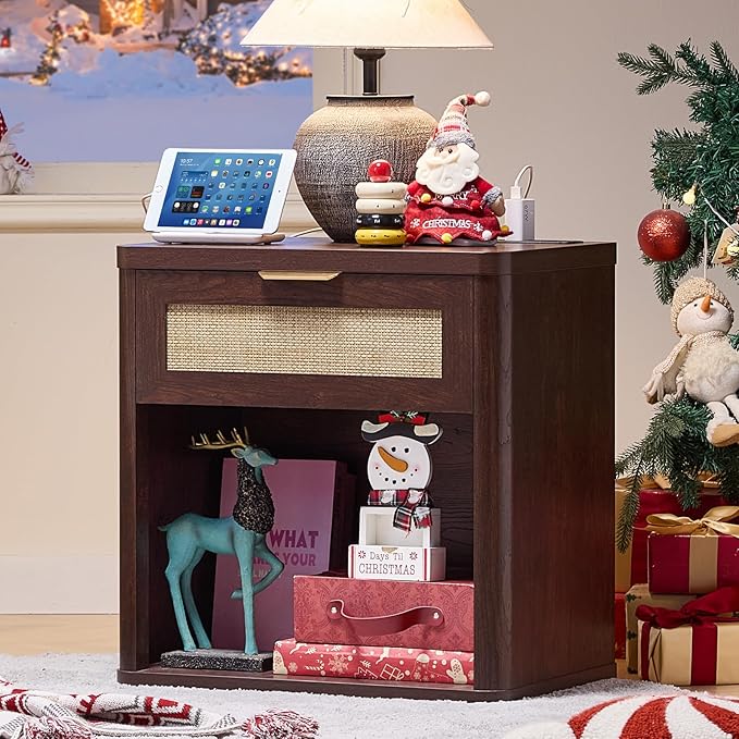 LEYAOYAO Rattan Nightstand with Charging Station, 23" Wide Boho Night Stand with Drawer, Walnut Bedside Table Open Storage Cabinet, Bed Side End Tables Dresser for Bedroom, Living Room, Hallway