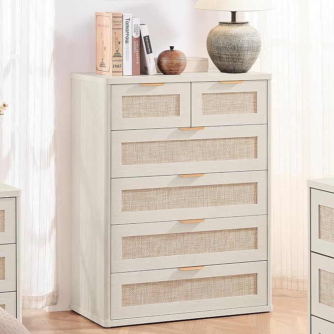 LEYAOYAO White Dresser for Bedroom, 41" Tall Chest of Drawers, Modern 6 Drawers Boho Rattan Dressers with Storage, Dresser Wooden Closet Organizer for Living Room, Hallway