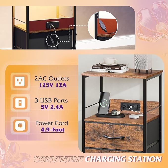 WLIVE Night Stand with Charging Station, LED Nightstand with 2 Fabric Drawers and Storage Shelf, Small Bedside Tables for Small Spaces, Dresser for Bedroom, Rustic Brown