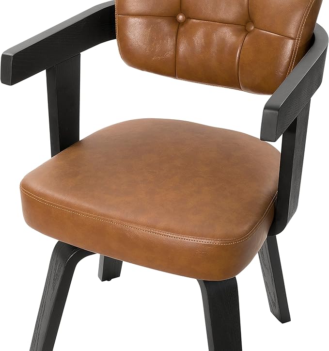 Art Leon Desk Chair No Wheels - Modern Faux Leather Office Chair Mid Century Swivel Desk Chair, Comfy Accent Armchair with Wooden Legs for Small Spaces Home Office Living Room Bedroom Study, Brown