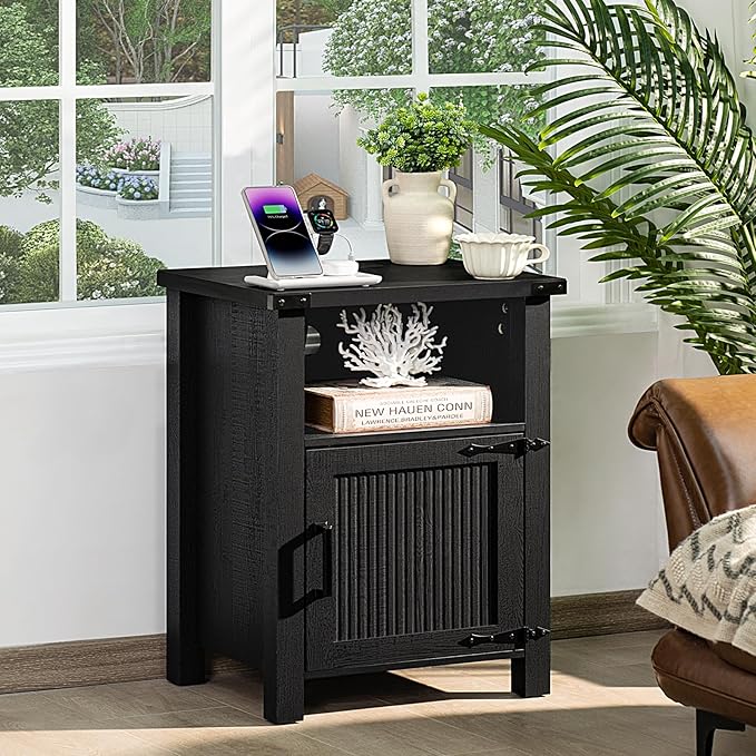 Joaxswe Night Stand Set of 2, 18 Inch Farmhouse Nightstand with with Charging Station and USB Port, Rustic Couch End Table with Magnetic Door, Wood Bed Side Tables for Bedroom, Home, Black