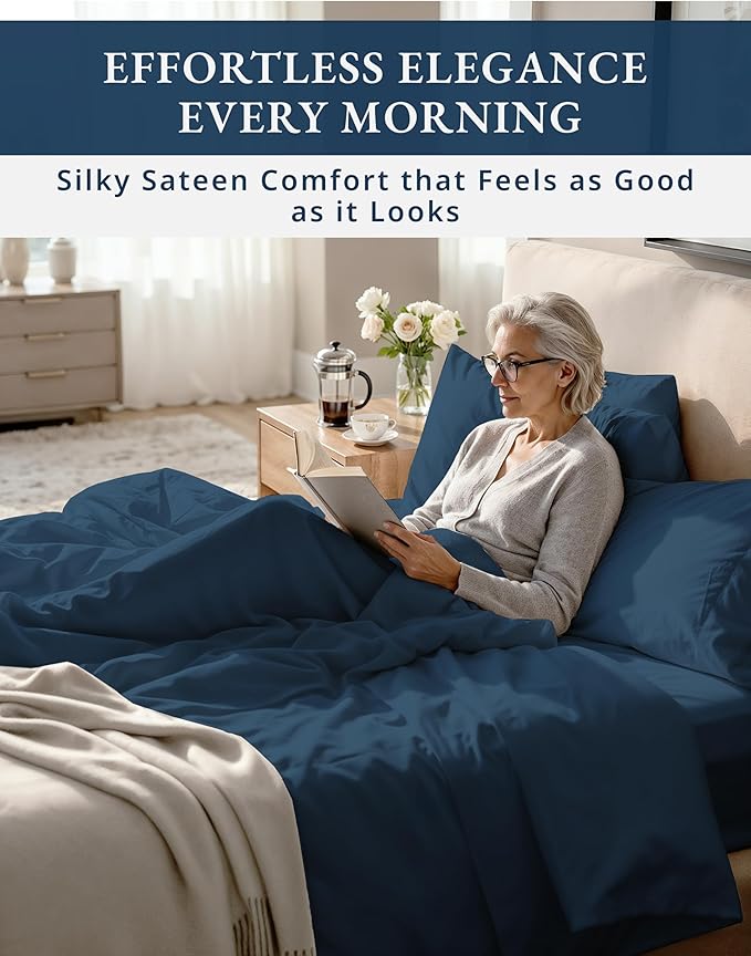 LANE LINEN 100% Cotton Bed Sheets Twin Size - 1000 Thread Count, Long Staple Mercerized Cotton Bedding Sheets, Luxury Hotel Like Thick 15" Deep Pocket Sheets Set, Reinforced French Seams -Estate Blue