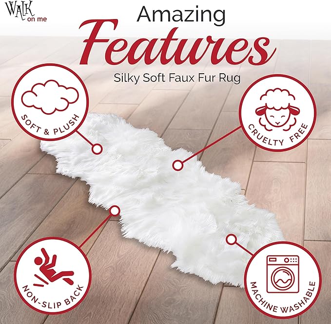 Walk on Me White Double Pelt Faux Fur Sheepskin Rug: Ultra Soft, Super Thick, Fluffy 2x6 Feet, Living Room, Bedroom, Office, Synthetic, Latex, Non-Slip