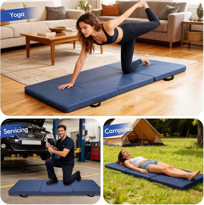 Foldable Fall Protection Mat for Elderly Blue Waterproof Non Slip Floor Mats with High-Resilience Foam 72 * 24 * 2 Inch Bedside Floor Mats for Elderly, Handicap, Senior