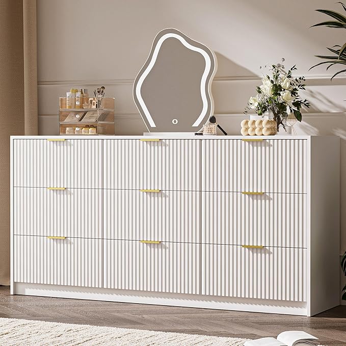 White 9 Drawer Dresser for Bedroom, 63" Wide Modern Fluted Dresser with Gold Metal Handles, Chest of Drawers for Bedroom, Living Room, Entryway, Hallway